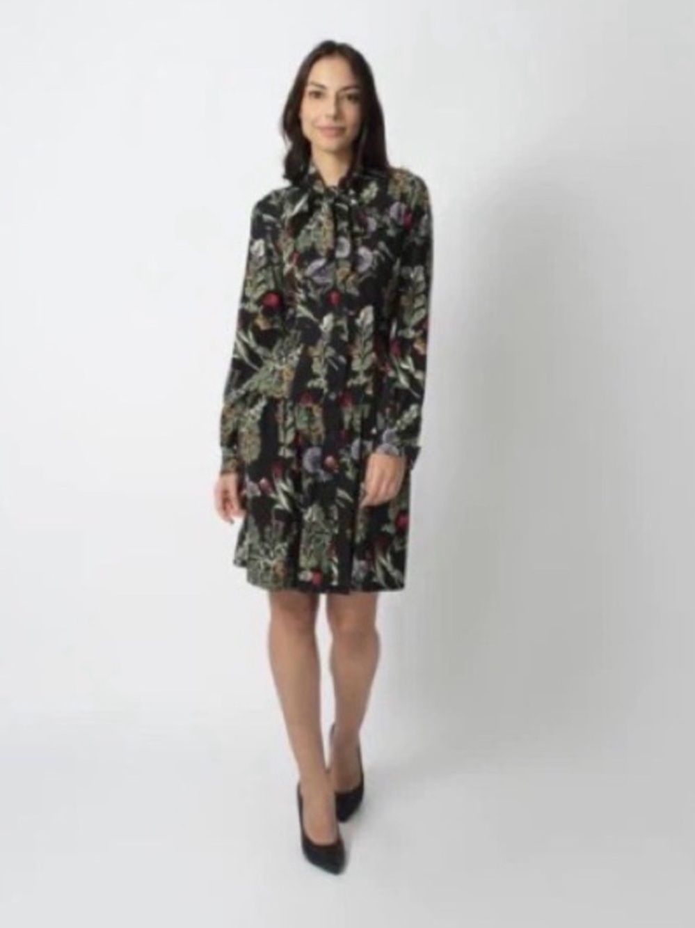 Pink Tartan Black Floral Print Tie-Neck Long-Sleeve Dress Size 12